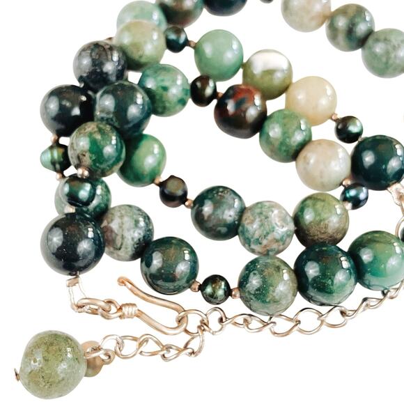 VTG Moss Agate and Peacock Pearl Beaded Artisan Necklace Y2K Natural Stone - Picture 8 of 10